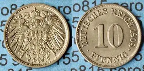 10 Pfennig Kaiserreich EMPIRE 1908 A - Jäger 13 bankfrisch    (9368