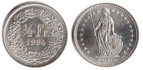 Schweiz - Switzerland 1/2 Franken 1994 B Erhaltung bankfrisch   (30367
