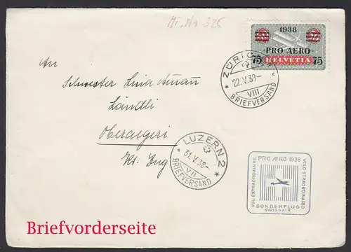 Schweiz 1936 Mi. 325 auf Briefvorderseite Flugpost PRO AERO MARKE   (30497