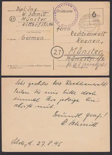 1945 Behelfsausgabe 6 Rpf. Ganzsache SENDENHORST Postamt Bez. Münster Bedarf