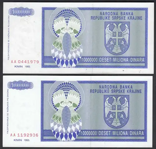 2 Stück Bosnien Herzegowina - 10 Millionen Dinara 1993 Pick 144a aUNC (1-)