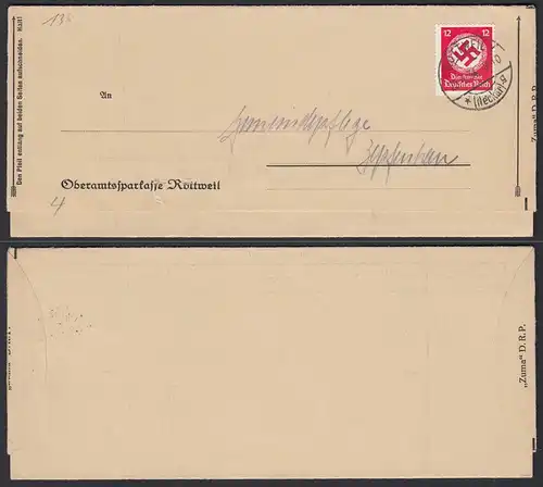 3. Reich 1934 Rottweil Brief mit 12 Pfennig Dienstmarke mit Hakenkreuz    (21688
