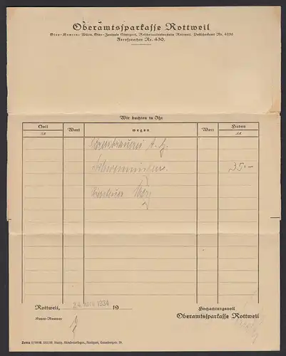 3. Reich 1934 Rottweil Brief mit 12 Pfennig Dienstmarke mit Hakenkreuz    (21688