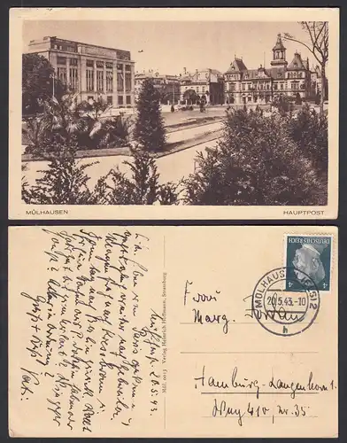 AK Mühlhausen im Elsass 1943 Haupt-Postamt nach Hamburg-Langenhorn    (30522