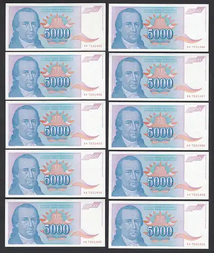 JUGOSLAWIEN - YUGOSLAVIA 10 Stück á 5000 Dinara 1994 Pick 141 aUNC (1-)   (89121