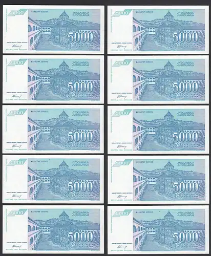 JUGOSLAWIEN - YUGOSLAVIA 10 Stück á 5000 Dinara 1994 Pick 141 aUNC (1-)   (89121