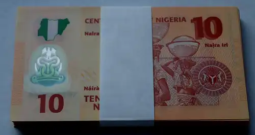 NIGERIA 10 Naira 2011 Pick 39c UNC (1) Bundle á 100 Stück Dealer Lot Polymer