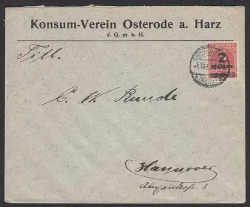 Konsum-Verein Osterode Infla Brief 1923 nach Hannover   (21675