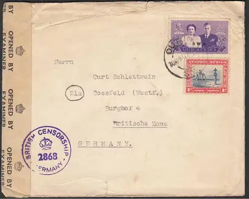 BRITISH CENSOR 2868 Brief aus Süd Afrika nach Coesfeld    (30589