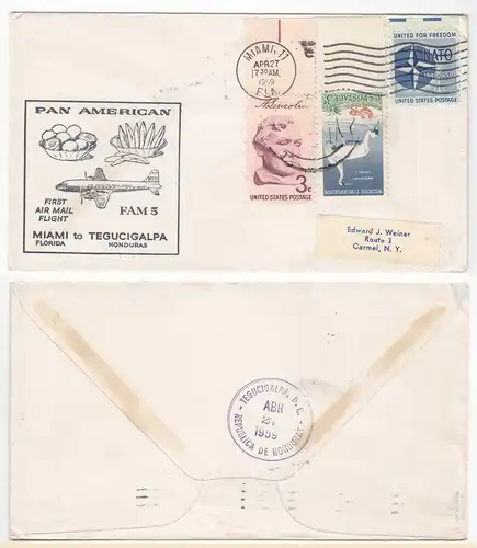 FIRST AIR MAIL FLIGHT COVER PAN AMERICAN FAM5 MIAMI to TEGUCIGALPA 1959  (28618