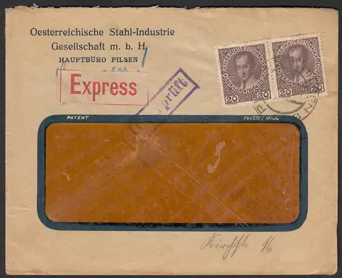 Österreich Stahlindustrie Pilsen Express Brief 1915 geprüft     (30584