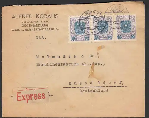 Österreich Express-Brief Wien 3er Streifen 10 Kronen 1922 nach Düsseldorf