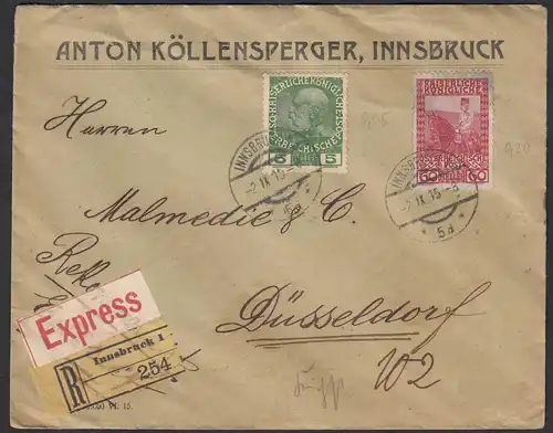 Österreich R-Express-Brief Innsbruck 1915 nach Düsseldorf   (30587