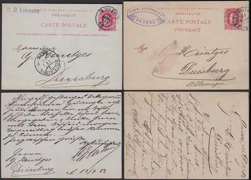 BELGIEN ANVERS 1883 + 1885 2 Postkarten Ganzsachen nach Duisburg   (30626