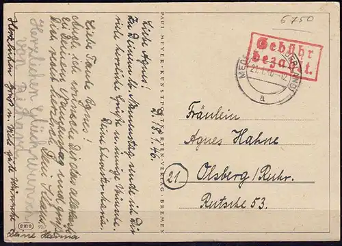 Gebühr bezahlt Medebach Sauerland 21.1.1946 nach Olsberg    (6142