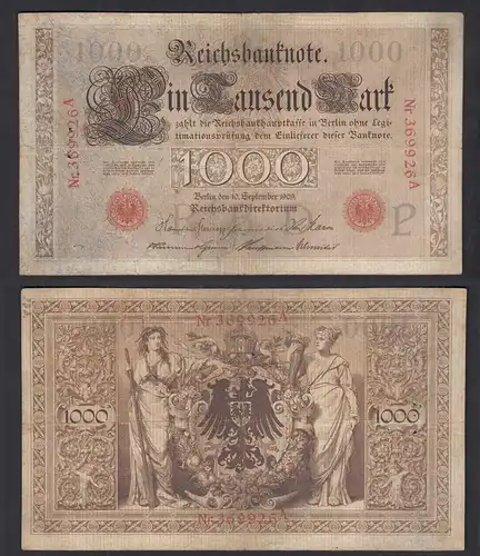 Ros. 39 1000 Mark Reichsbanknote 10.9.1909 Serie A Pick 39 F/VF (3/4)   (30727