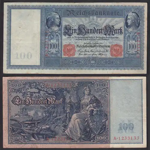 Ro 35 - 100 Mark Reichsbanknote 7.2.1908 - Serie: A Pick 35 VF (3)    (30731