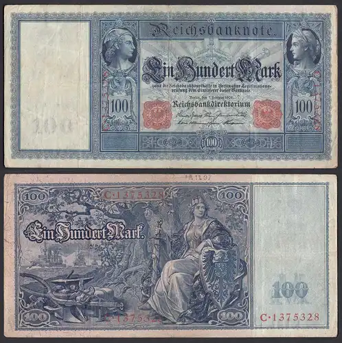 Ro 35 - 100 Mark Reichsbanknote 7.2.1908 - Serie: C Pick 35 VF- (3-)    (30730