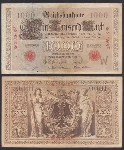Ros. 26 1000 Mark Reichsbanknote 26.7.1906 Serie D Pick 27 Udr. W   (30738