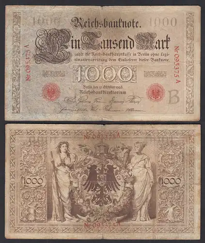 Ro 21 1000 Mark Reichsbanknote 10.10.1903  F- (4-) Pick 23 Udr B Serie A 6-st.
