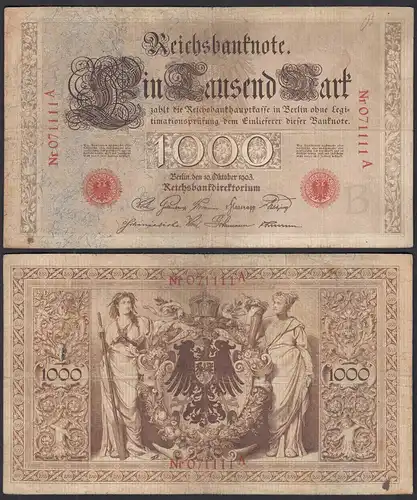 Ro 21 1000 Mark Reichsbanknote 10.10.1903  F (4) Pick 23 Udr B Serie A 6-st.