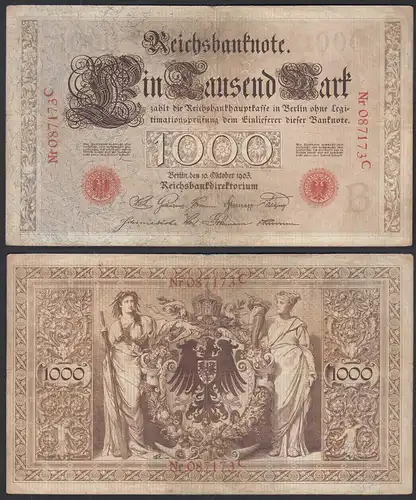 Ro 21 1000 Mark Reichsbanknote 10.10.1903  VF- (3-) Pick 23 Udr B Serie C 6-st.