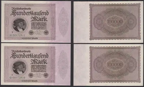 2 Stück Ro 82c - 100-tausend Mark T 1923 Pick 83c aUNC (1-) seltene Serie Q Paar