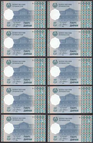 Tadschikistan - Tajikistan 10 Stück á 5 DIRAMS 1999 Pick11a UNC (1)   (89278
