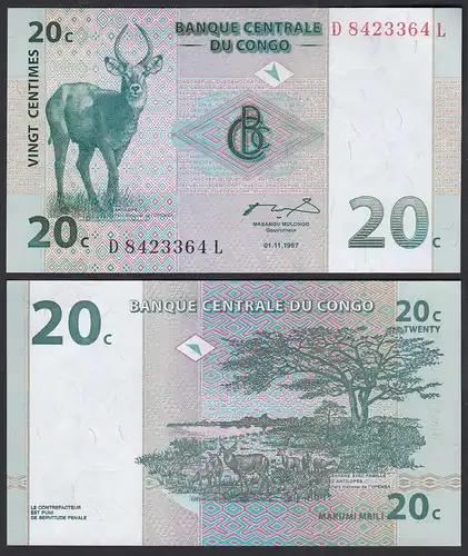 Kongo - Congo 20 Centimes 1997 Pick 83 UNC (1) Antilope  (30850