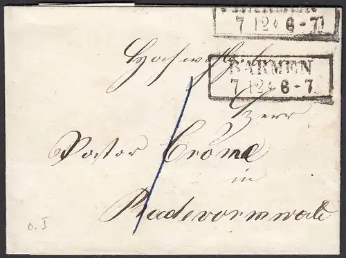 Preussen ca.1850 Pastoren-Umschlag Barmen R2 nach Radevormwald    (29681