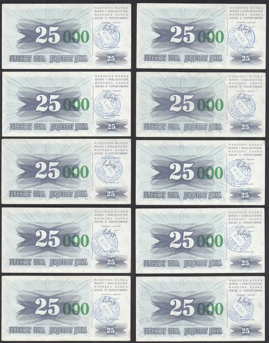 BOSNIEN - HERZEGOWINA 10 St. á 25-tausend Dinara 15.10.1993 Pick 54e XF (2) 