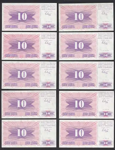 Bosnien-Herzegowina - 10 Stück á 10 Dinara 1992 Pick 10a aUNC (1-)    (30936