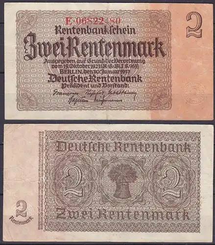 Rentenbankschein 2 Rentenmark 1937 Ro 167c VF (3) Serie E    (5727