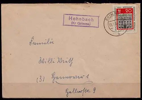 Brief Posthilfstelle/Landpost Hohnbach Kreis Grimma   (7633