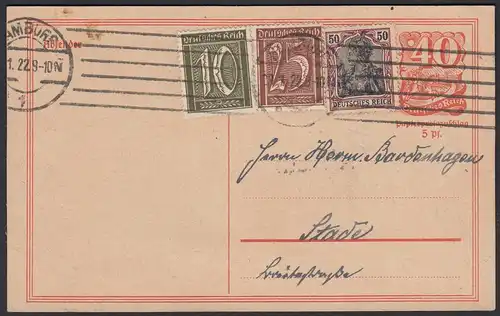 Deutsches Reich DR Infla 40 + 5 Pf.Ganzsache mit Zusatzfrankatur 1922   (21670