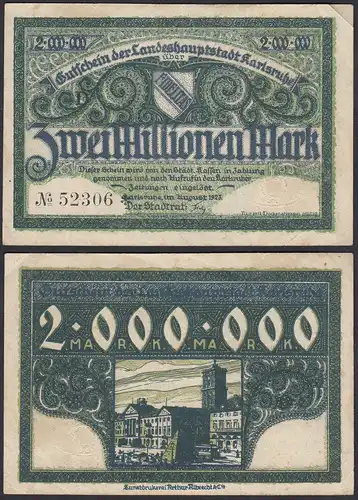 Karlsruhe 1923 - 2 Millionen Mark Banknote Notgeld  VF (3)  (31032