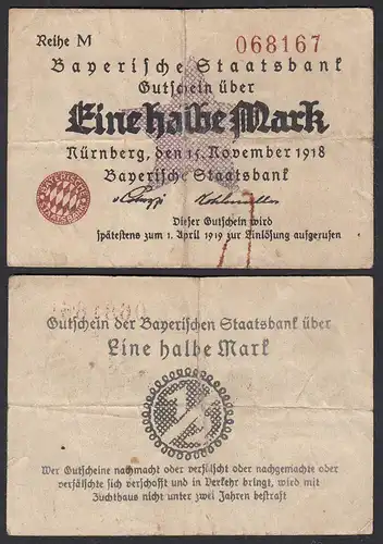 Bayern - Bayrische Staatsbank 1/2 Mark Nürnberg 1918  (31067