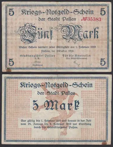Passau-Stadt 5 Mark 1918 Kriegs-Notgeld-Schein    (31074