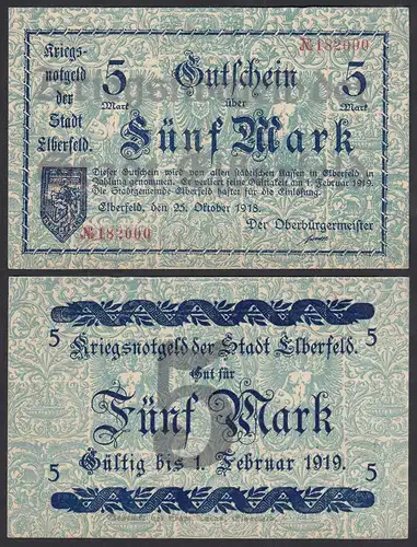 Elberfeld 5 Mark 1918 Kriegs-Notgeld-Gutschein-Schein    (31075