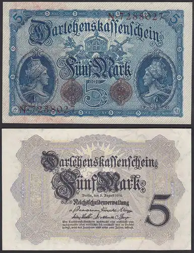 Darlehnskassenschein 5 Mark 1914 7-stellig Ro 48b Serie N aUNC (1-)     (31092