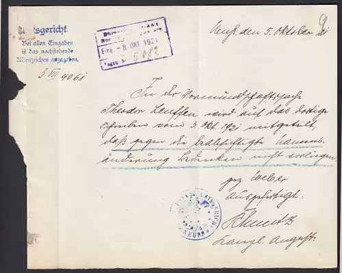 Neuss 1921 Gerichtsbrief Dienstbrief Standesamt   (21706