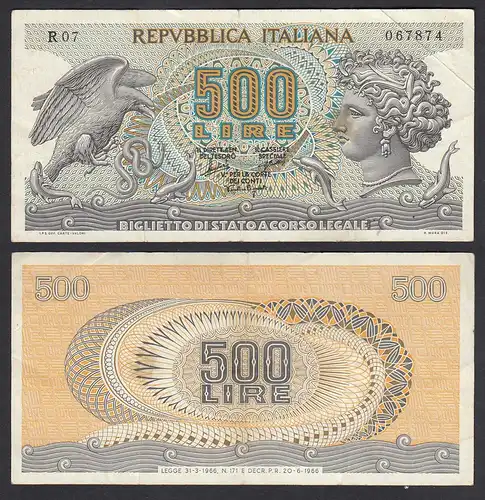 Italien - Italy 500 Lire Banknote 1966 Pick 93a aVF (3-)    (31087