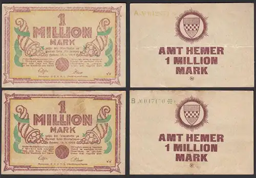Hemer Amtskasse 2 Stück 1 Million Mark Serie A + B 1923 Notgeld Starnoten