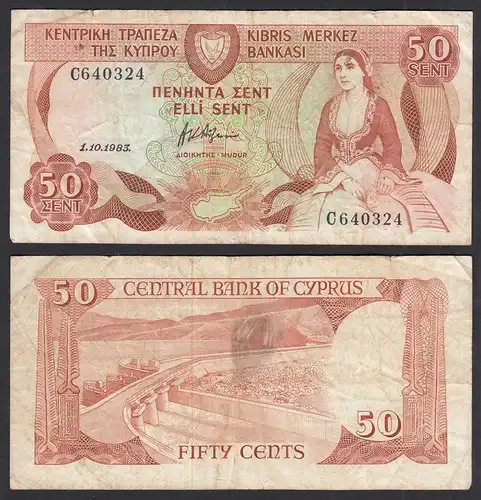 Zypern - Cyprus 50 Cents Banknote 1.10.1983 Pick 49a F (4)   (31086