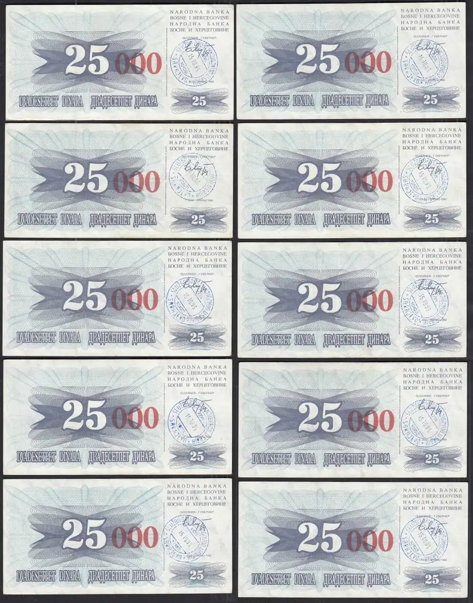 BOSNIEN - HERZEGOWINA 10 St.á 25-tausend Dinara  15.10.1993 Pick 54b VF/XF (2/3)