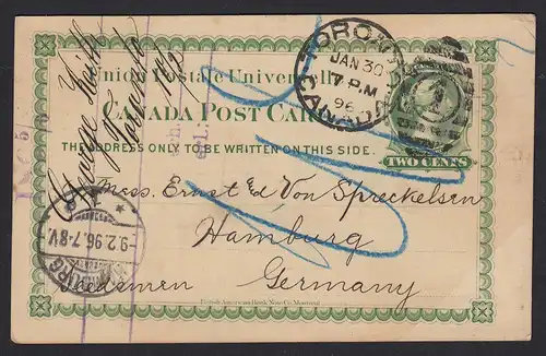 CANADA - KANADA 1896 POSTAL STATIONERY (GANZSACHE) TORONTO TO GERMANY  (17612