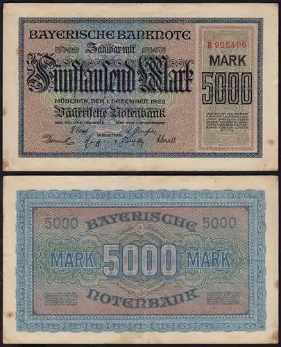 Bayern - 5000 Mark Banknote Staatsbank Notgeld 1-12-1922 gebraucht   (14726