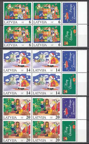 Lettland-Latvia 1996 Mi. 444-46 ** MNH Weihnachten Christmas 4er Block Zierfeld