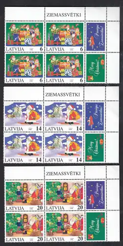 Lettland-Latvia 1996 Mi. 444-46 ** MNH Weihnachten Christmas 4er Block Zierfeld