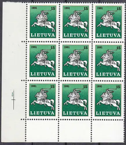 Litauen - Lithuania Mi 473 ** MNH 1991 Block of 9 - Litauischer Reiter   (31255